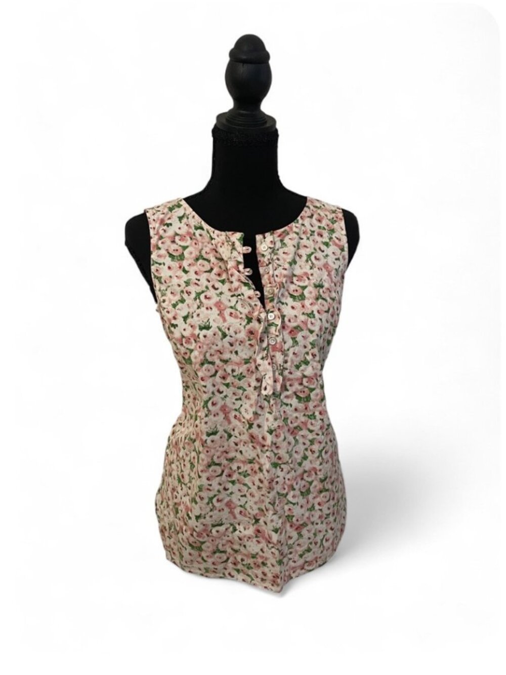 Talbots Stretch Floral Sleeveless Top Smocked Back Girly Ruffle Button Front, 4